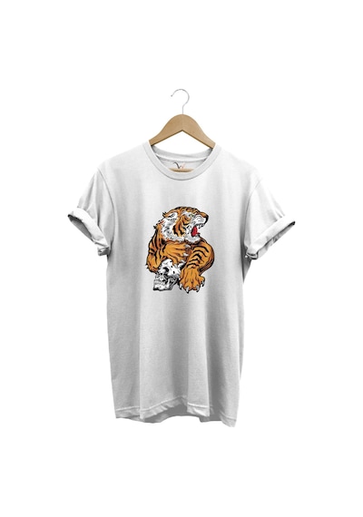 Vahşi Kaplan Tasarım Ve Kuru Kafa Baskılı %100 Pamuk Regular Fit Bisiklet Yaka Beyaz T-shirt Beyaz