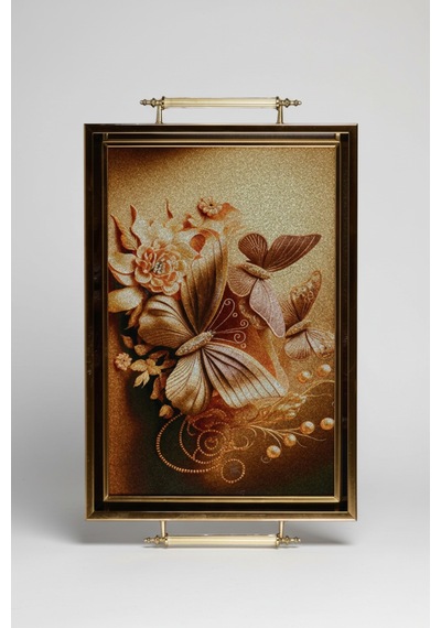 Altın Kelebek Desenli 40x28cm Metal Kulplu Lüks Sunum Ve Servis Tepsisi