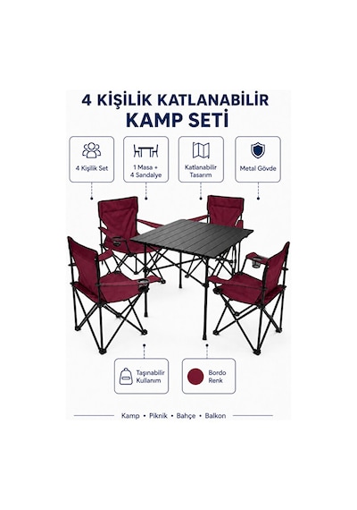 Trendinyeri 4 Kişilik Katlanır Kamp Masa Sandalye Seti Piknik, Bahçe Ve Plaj Kullanımına Uygun Bordo
