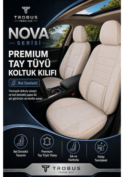 Nova Serisi Tay Tüyü Bel Destekli Bej Premium Üniversal Koltuk Kılıfı Tam Set