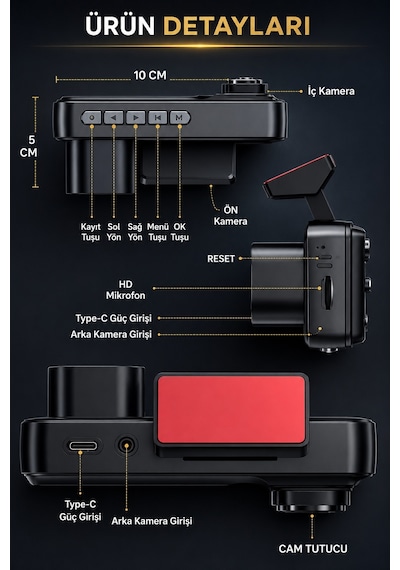 SN-38 Wİ-Fİ 3 Kameralı Araç Içi Kamera Full Hd 1080P Ön Arka Iç Kamera Ir Gece Görüşü G-Sensör Dashcam