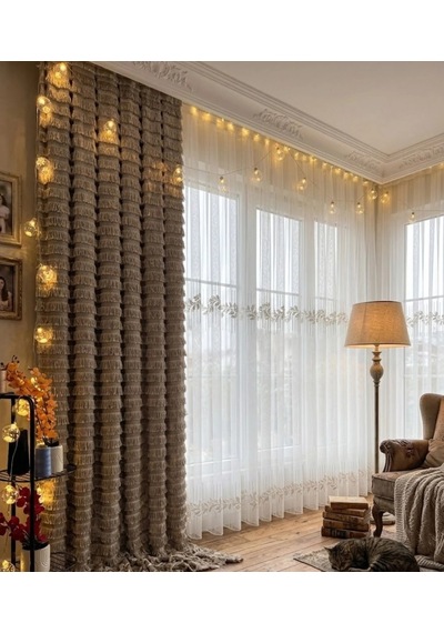 Nivemeshome Eylülzade Gold Detay 1/3 Pileli Tül Perde Apm Ekru