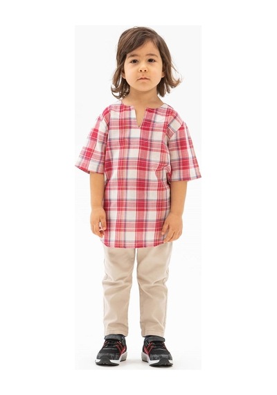 Eliş Şile Bezi Kısa Kol Şile Bezi Bisiklet Yaka Erkek Çocuk Tshirt Kırmızı Krem