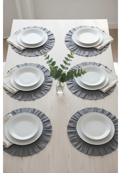Yunusoğlu Home Pamuklu Fırfırlı Supla 6'lı Set Amerikan Servis 33 Cm Çap Supla 6'lı Füme