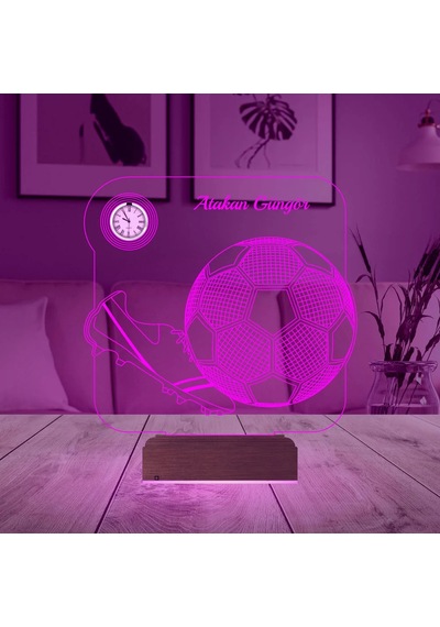 Luvivia Futbol Topu Krampon Futbolcu Hediye Kişiye Özel Metal Saatli 3d Lamba - Masa Gece Lambası Şeffaf