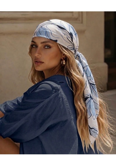 Trend Dokunuş Kadın 70-70 Saten Zambak Desenli Fular Bandana Mavi - Beyaz