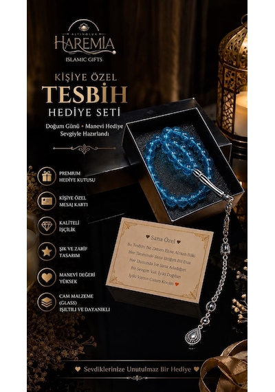 Özel Kutulu Cam Tesbih 33 Lük Kişiye Özel Notlu Hediyelik Mavi Yeşil