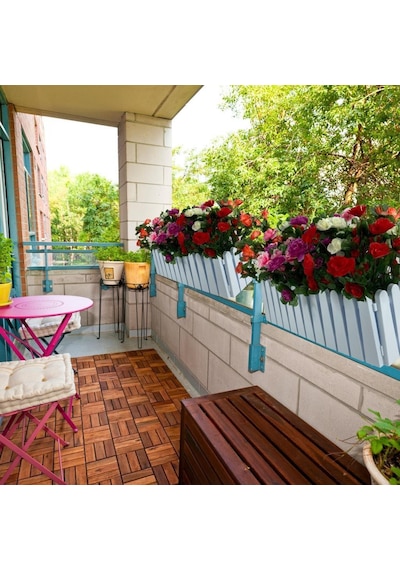 Yapay Çiçek Beyaz Çit Balkon Saksısı Renkli Açelya Çiçekli 55x20C