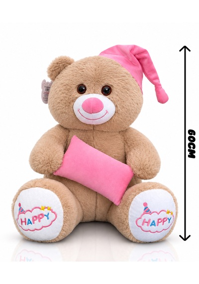 Ayıcık Şapkalı Ve Yastıklı Seri Peluş Ayıcık 60cm - Hediyelik Peluş Oyuncak Açık Kahverengi