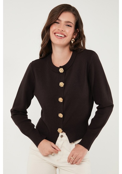 Lela Premium Regular Fit Yuvarlak Yaka Crop Triko Bayan Hırka 680Hi00110 Kahve