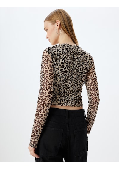 Koton Leopar Tül Bluz Crop Uzun Kollu Bisiklet Yaka Büzgülü Bej Desenli 5wal60024ık Ekru