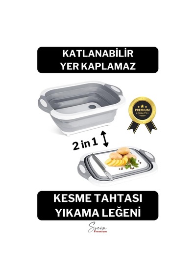 Katlanabilir Bulaşık Yıkama Leğeni Süzgeçli Kesme Doğrama Tahtası Ve Akordiyon Tıpalı Badya 1 Adet
