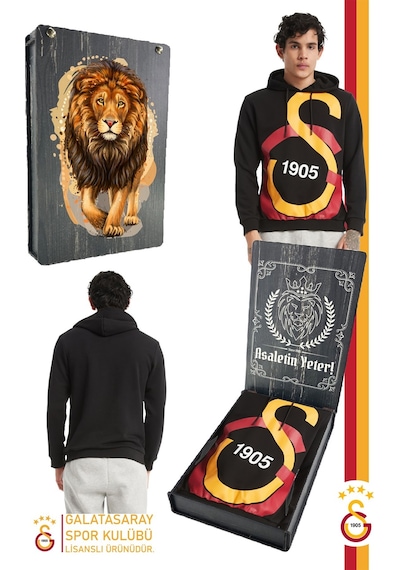 Galatasaray Lisanslı Büyük Logo Kapüşonlu Erkek Sweat Gs Aslan Baskılı Ahşap Kutulu 096 Siyah