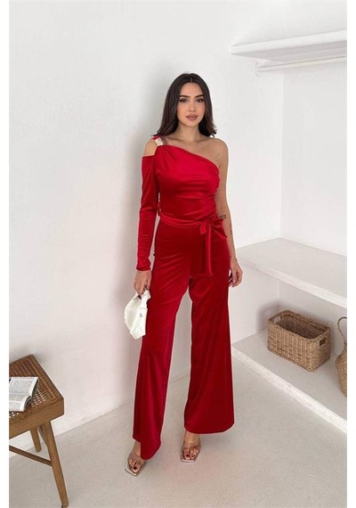 Neşeli Butik Kadın Kırmızı Kuşaklı Tek Omuz Kadife Kumaş Tulum Nbk068 Kırmızı