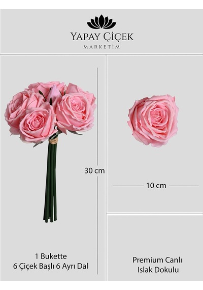 Fuşya Yapay Lüx Gül Buketi 6 Dallı Premium Canlı Islak Dokulu 30 Cm