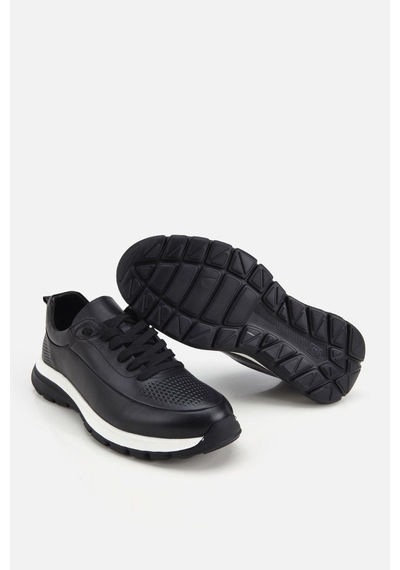 Yaya Erkek Siyah Deri Kontrast Tabanlı Bağcıklı Sneaker