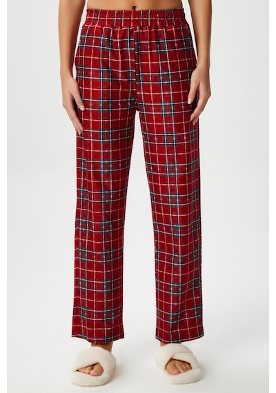 Ritnice Kadın Teddi Ultra Yumuşak Cepli Kırmızı Ekose Desen Yılbaşı Pijama Altı Koyukırmızı Koyu Kırmızı