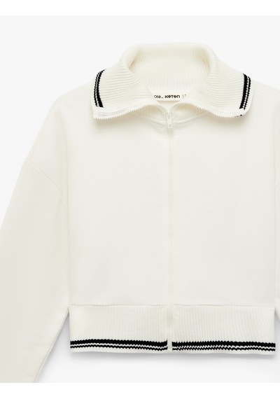 Koton Şardonlu Dik Yaka Biyeli Uzun Kollu Fermuarlı Sweatshirt Ekru 6sal10413ık