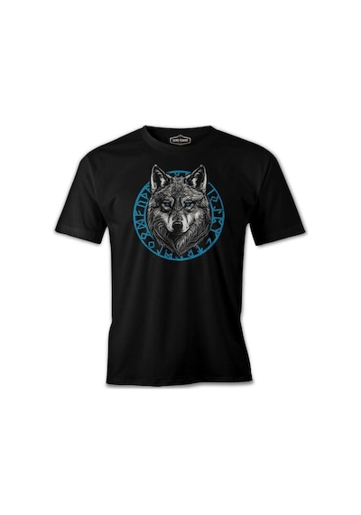 A Wolf With A Blue Circular Viking Logo Background Siyah Erkek Tshirt 001
