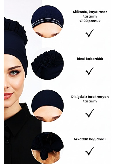 Alivascarf Fırfırlı Siyah Kaymayan Silikonlu Dikişsiz Kaymaz Bone Kadın Tesettür Bağlamalı Iç Bone