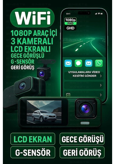 Wifi 1080p Araç İçi 3 Kameralı Lcd Ekranlı Gece Görüşlü , G-sensör , Geri Görüş Kamera
