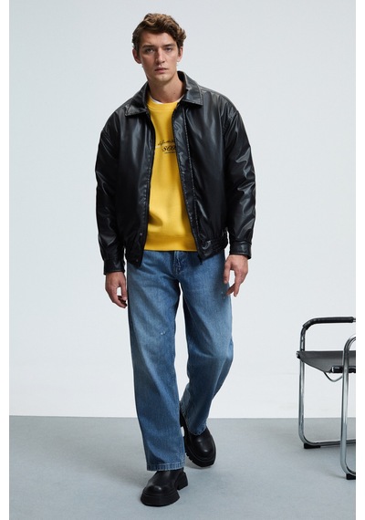 Grimelange LEIF Erkek Kolları Biyeli Önü Baskılı Yuvarlak Yaka Oversize Sarı Sweatshirt