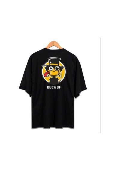 Flood Of Style Erkek Siyah Duck Of Baskılı Oversize Bisiklet Yaka Tshirt