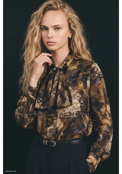 Sateen Desenli Fularlı Gömlek - Kahve-138038