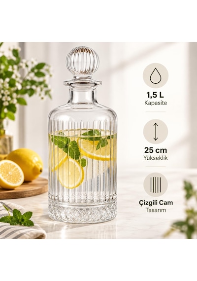 1,5 Litre Borosilikat Cam Sürahi, 25 Cm Çizgili Karaf, Cam Top Kapaklı Su, Meyve Suyu Ve Soğuk İçecek Servis Sürahisi, Karaf Sürahi