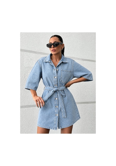 Kene Jeans Kuşaklı Taş Full Düğme Kapamalı Kısa Kot Elbise Taş
