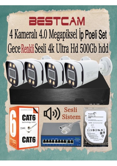 4 Kameralı 4 Mp İp Poeli Set Gece Renkli Sesli 4k Ultra Hd 500 Gb