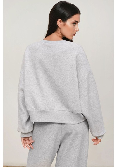 Hiccup Loose Fit Bisiklet Yaka Pamuklu Basic Şardonlu Örme Sweatshirt Gri