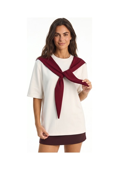 Onloox Kadın Beyaz-bordo Beyaz Bordo Yumuşak Dokulu Bisiklet Yaka Oversize Omuz Şal Detaylı Kısa Kollu T-shirt