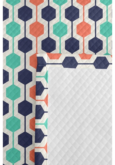 Geometrik Lacivert Genç Odası Tek Kişilik Pike Takımı - Mint Somon 160x220 Cm Kapitone Yatak Örtüsü Altın