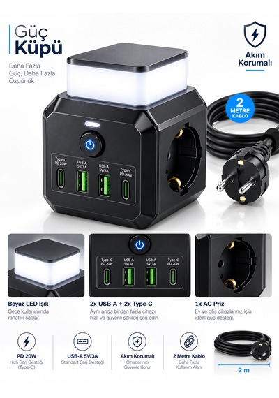 Akım Korumalı 3'lü Priz 2200w 1050j 10a Gece Lambalı 2 Usb 2 Type-c Şarj Girişli 0.2 M