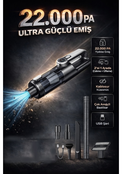 22.000 Pa Kablosuz Mini El Süpürgesi Çekme & Üfleme Usb Şarjlı, Çok Amaçlı Başlıklı Siyah Gri