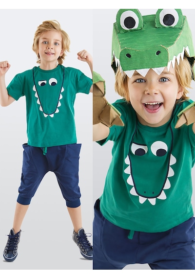 Komik Timsah Erkek Çocuk Yazlık T-shirt Cepli Kapri Şort Takım