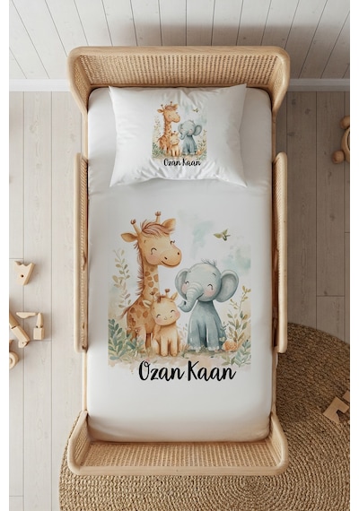 %100 Pamuk Saten İsme Özel İsimli 100x200 Tek Kişilik Lastikli Çarşaf Seti Safari Beyaz
