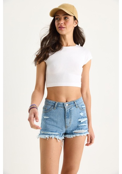 Shade Kadın Cep Detaylı Püsküllü Yırtık Denim Şort 60283399 - Mavi