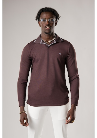 Advante Slimfit Düğmesiz V Polo Yaka Likralı Uzun Kol Mevsimlik Sweatshirt Koyu Kahverengi