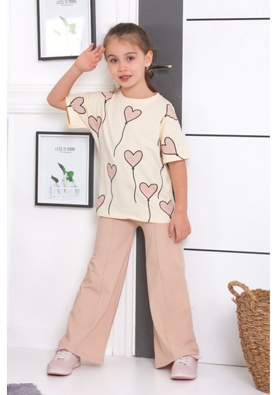 Tunays Shopping İspanyol Paça Tayt Pantolon Kalp Baskılı Oversize Tshirt Kız Çocuk Alt Üst Takım Bej