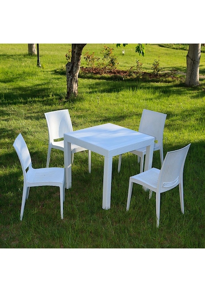 Rattan 80x80 Camsız Beyaz Masa / 4 Adet Rattan Kolsuz Sandalye Takımı Beyaz