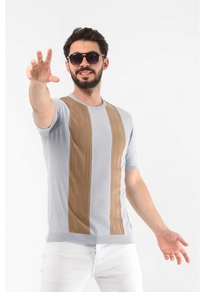 Jakarlı Pamuklu Desenli Triko Tshirt Mavi