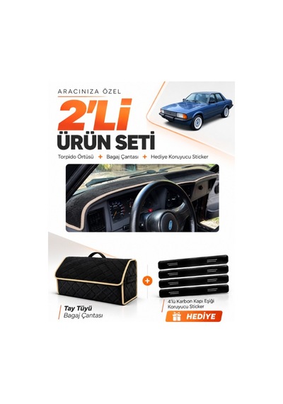 Ford Taunus 1985-1994 Uyumlu Torpido Örtüsü + Tay Tüyü Bagaj Çantası + Sticker Seti - Siyah Bej
