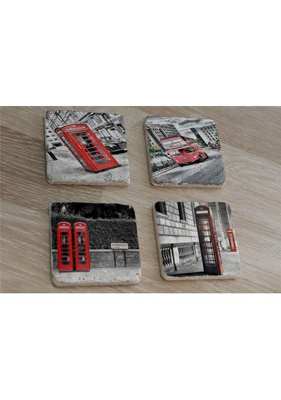 Londra Kırmızı Telefon Kulübeleri Ve Otobüs Doğal Taş Bardak Altlığı 4'lü Set - Natural Stone Coasters - Taş Kırmızı