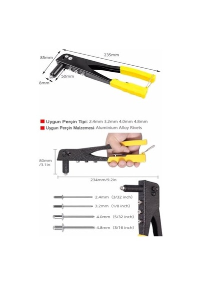 Perçin Tabancası 4 Uçlu Profesyonel Set 2.4/3.2/4.0/4.8 Mm Başlık + 40 Adet Alüminyum Perçin + Anahtar / Meta