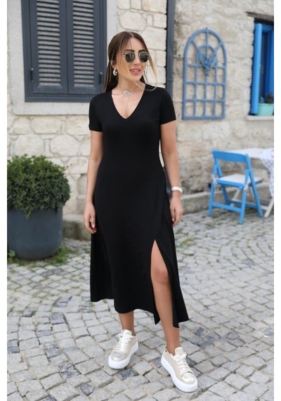 Kadın Kısa Kollu V Yaka Maxi Boy Elbise 124 Cm Çok Renkli