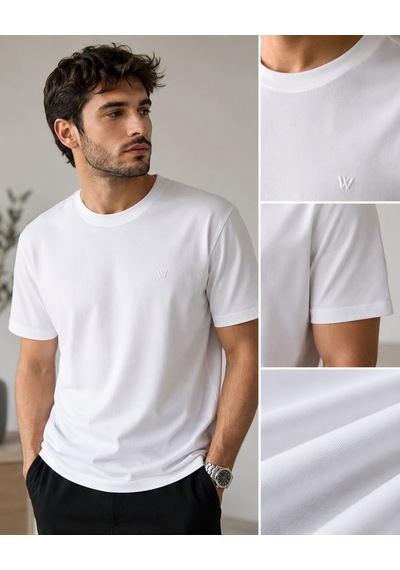 Wiox Sıfır Yaka Battal Cotton Tişört Beyaz
