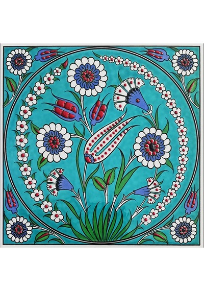 Armada Çini 20x20 Cm ED 339 Turkuaz Lale Desenli Eldekoru Çini ka