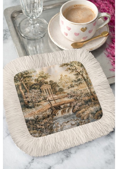 Klasik Şık Saçaklı Kahve Yanı Servis Peçetesi-nostaljik Bahçe Manzaralı Vintage Bej Sunum Mendili Mat Grili Lime